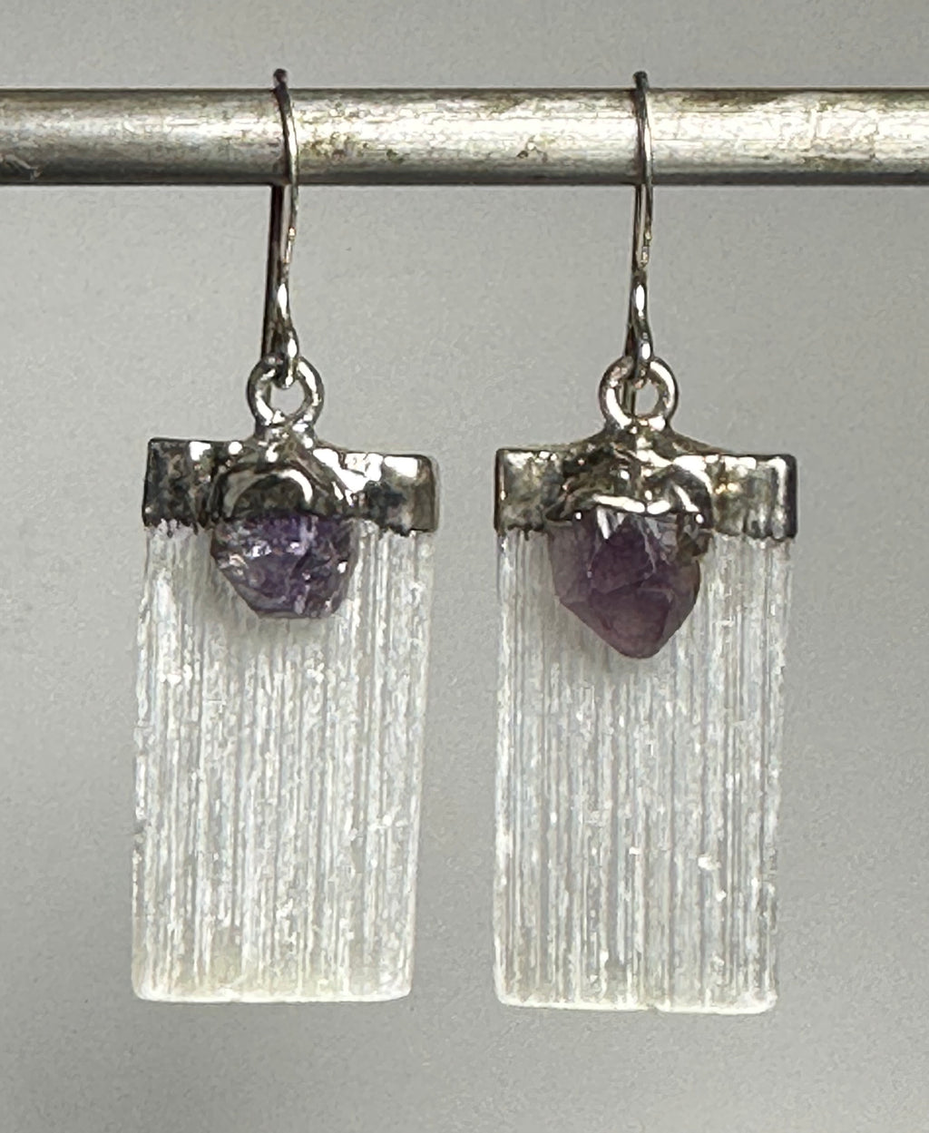 Selenite Stick Earrings with an Amethyst Stone