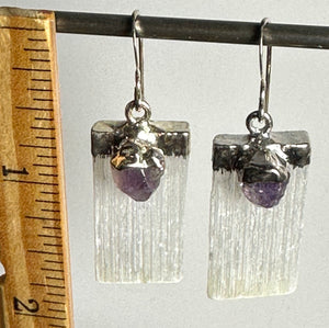 Selenite Stick Earrings with an Amethyst Stone